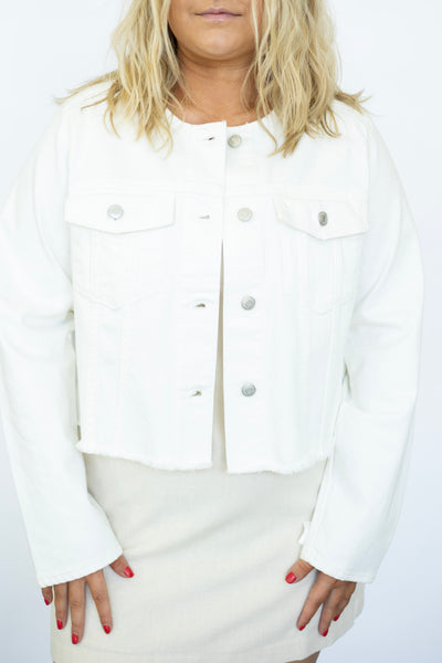 Boat neck white denim jacket