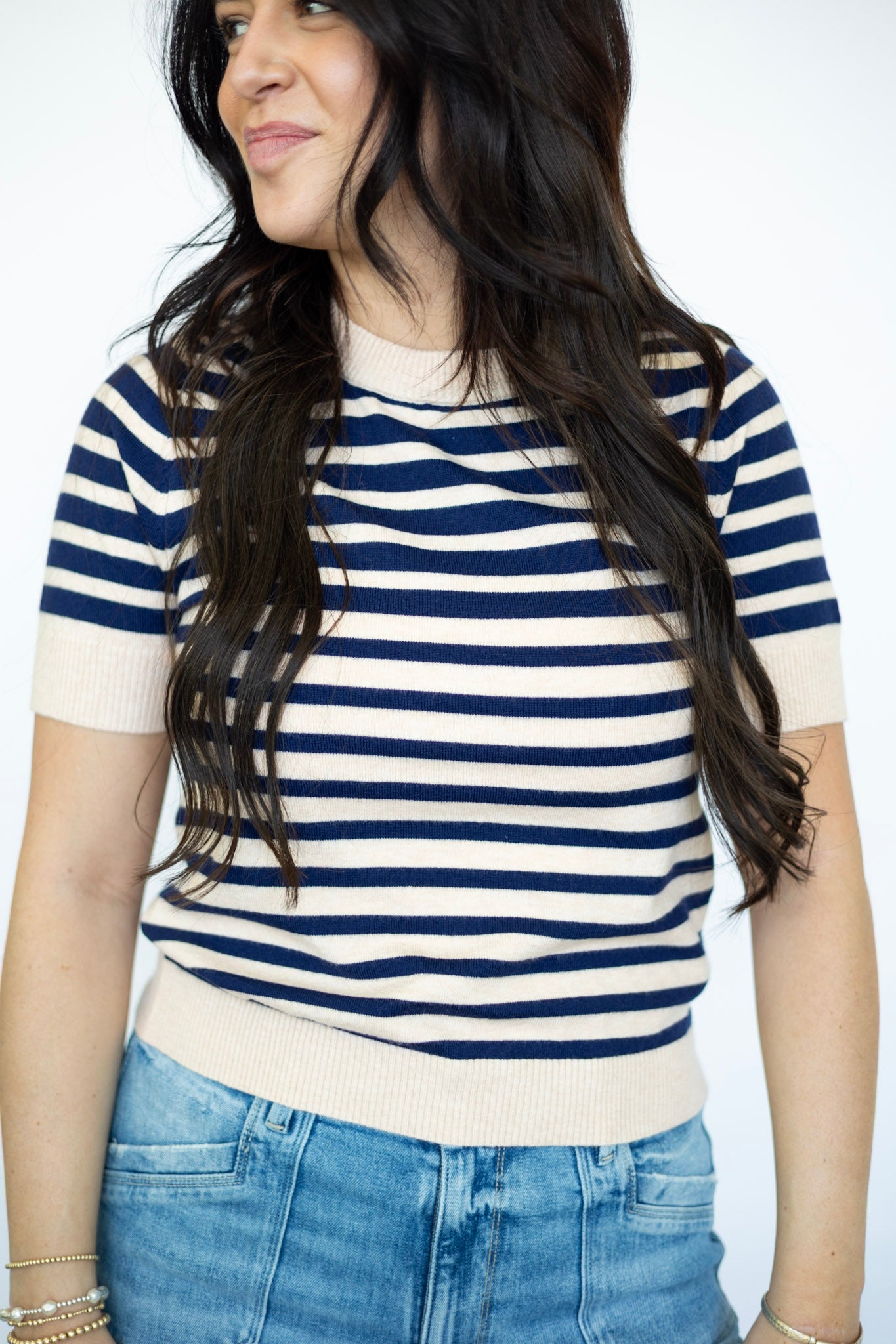 Light pink and navy striped short sleeve sweater