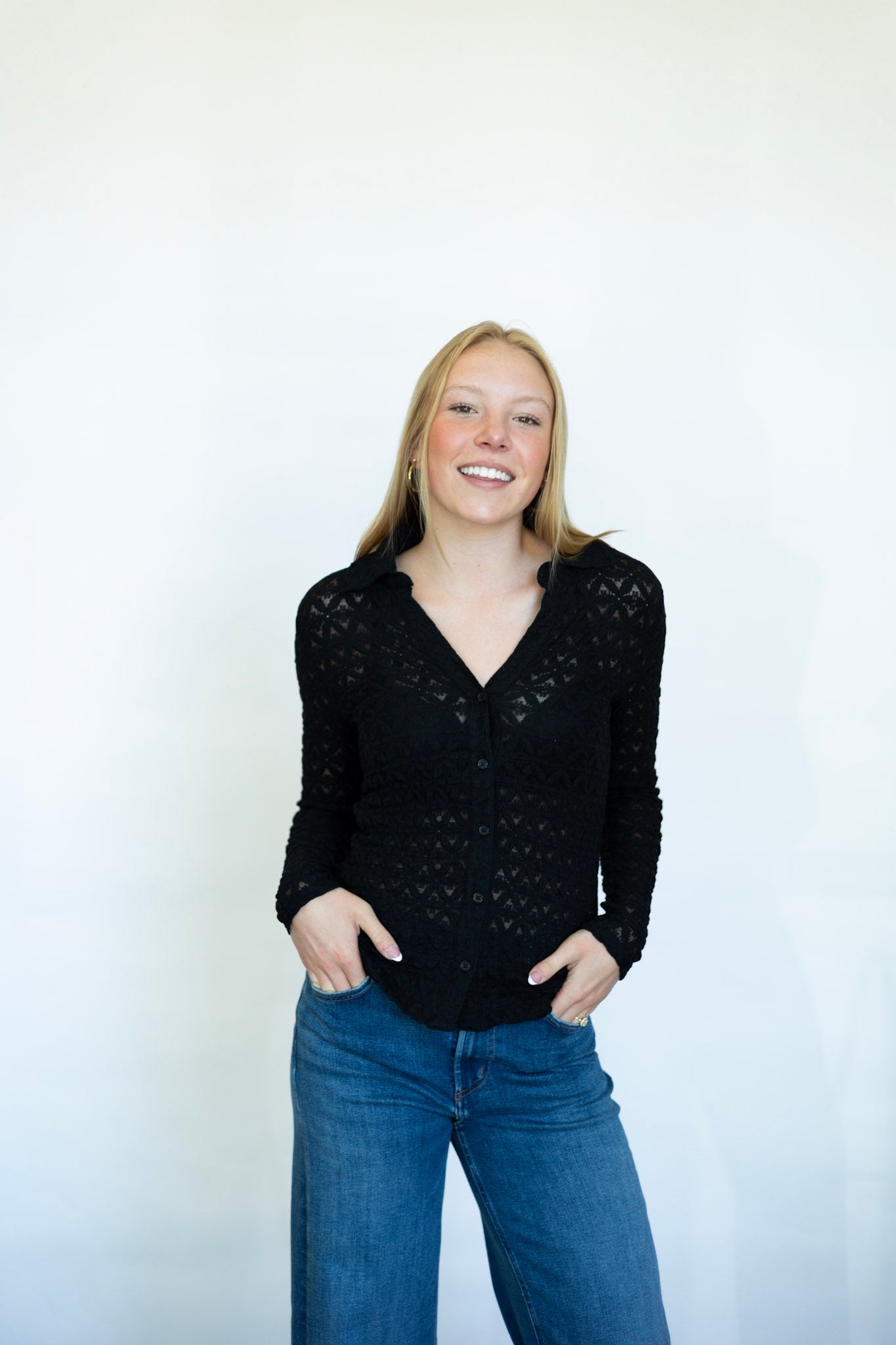 Sheer lace long sleeve button down 