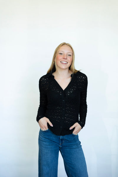 Sheer lace long sleeve button down 