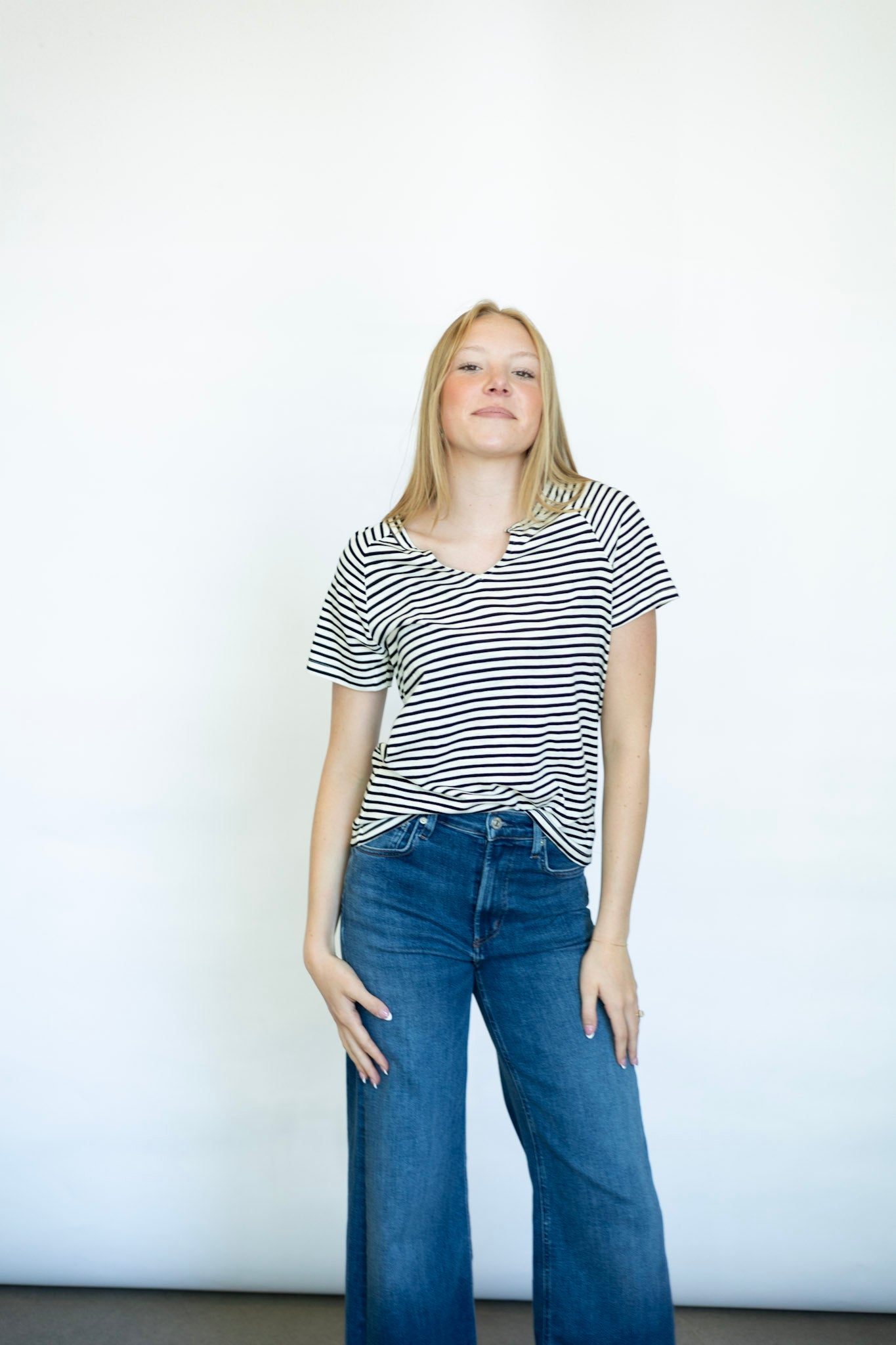 Striped notch neck tee shirt