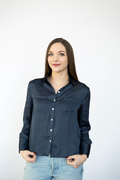 Women's satin, navy blue button down