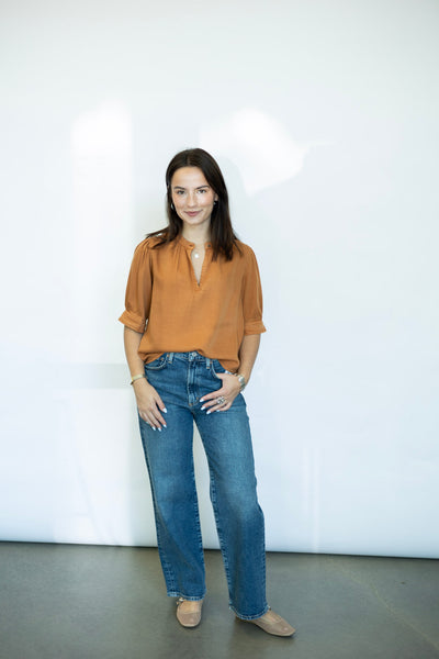 Orange half sleeve denim blouse