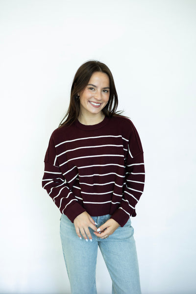 Burgundy and white striped sweater