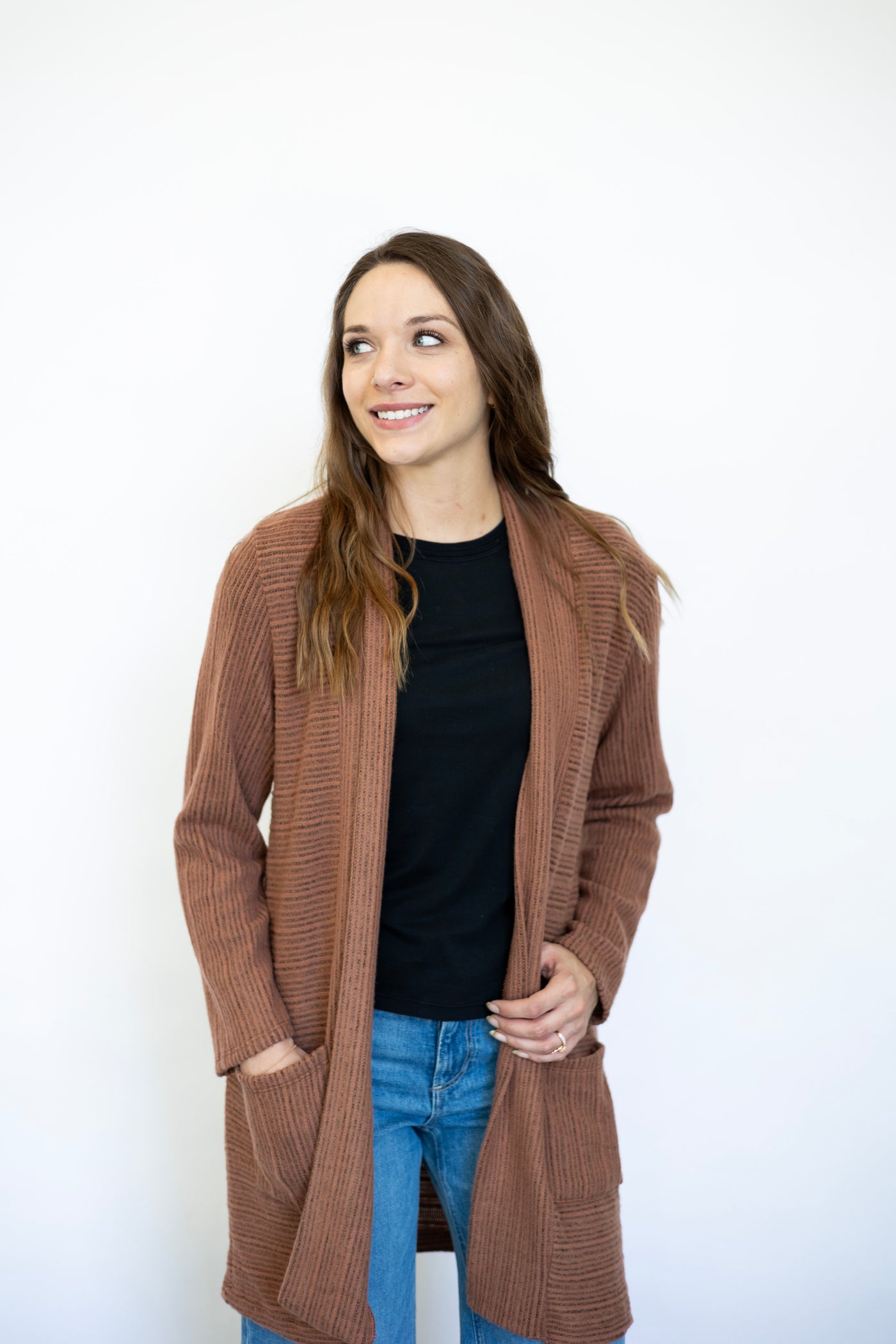 Stripe Texture Open Front Cardi w/ Pockets