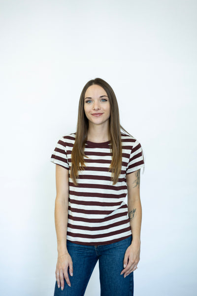 Women's maroon striped tee