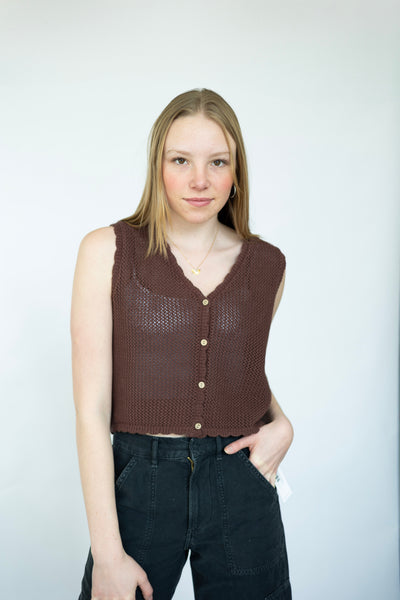 Brown, open knit sweater vest