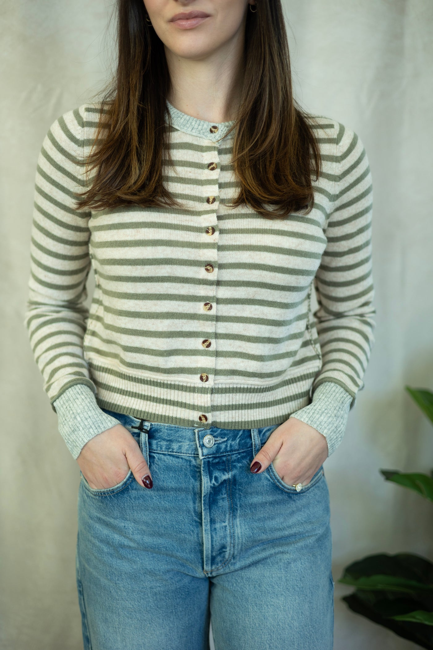 Cream and olive striped sweater
