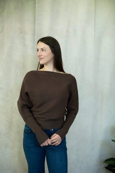 Ribbed, off the shoulder, brown sweater