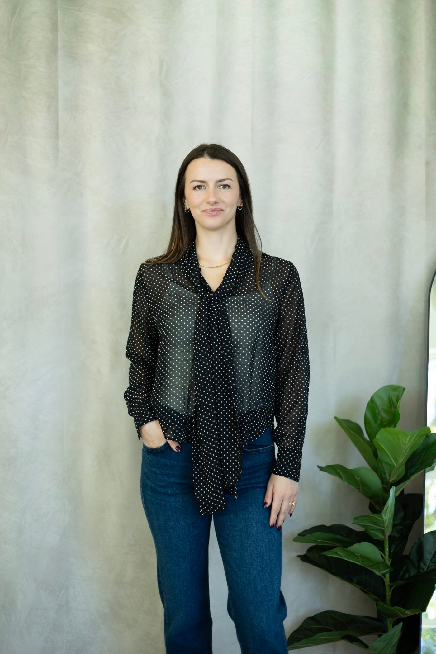 Mesh polka dot blouse with neck tie