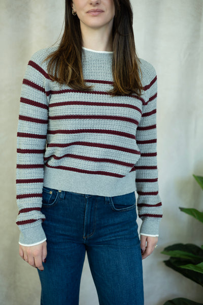 Gray and burgundy striped sweater