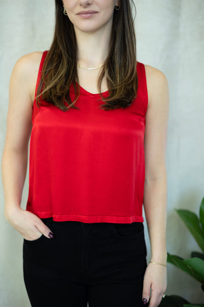 Red, satin holiday tank top