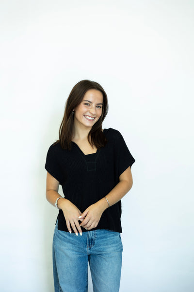 Open knit short sleeve black sweater