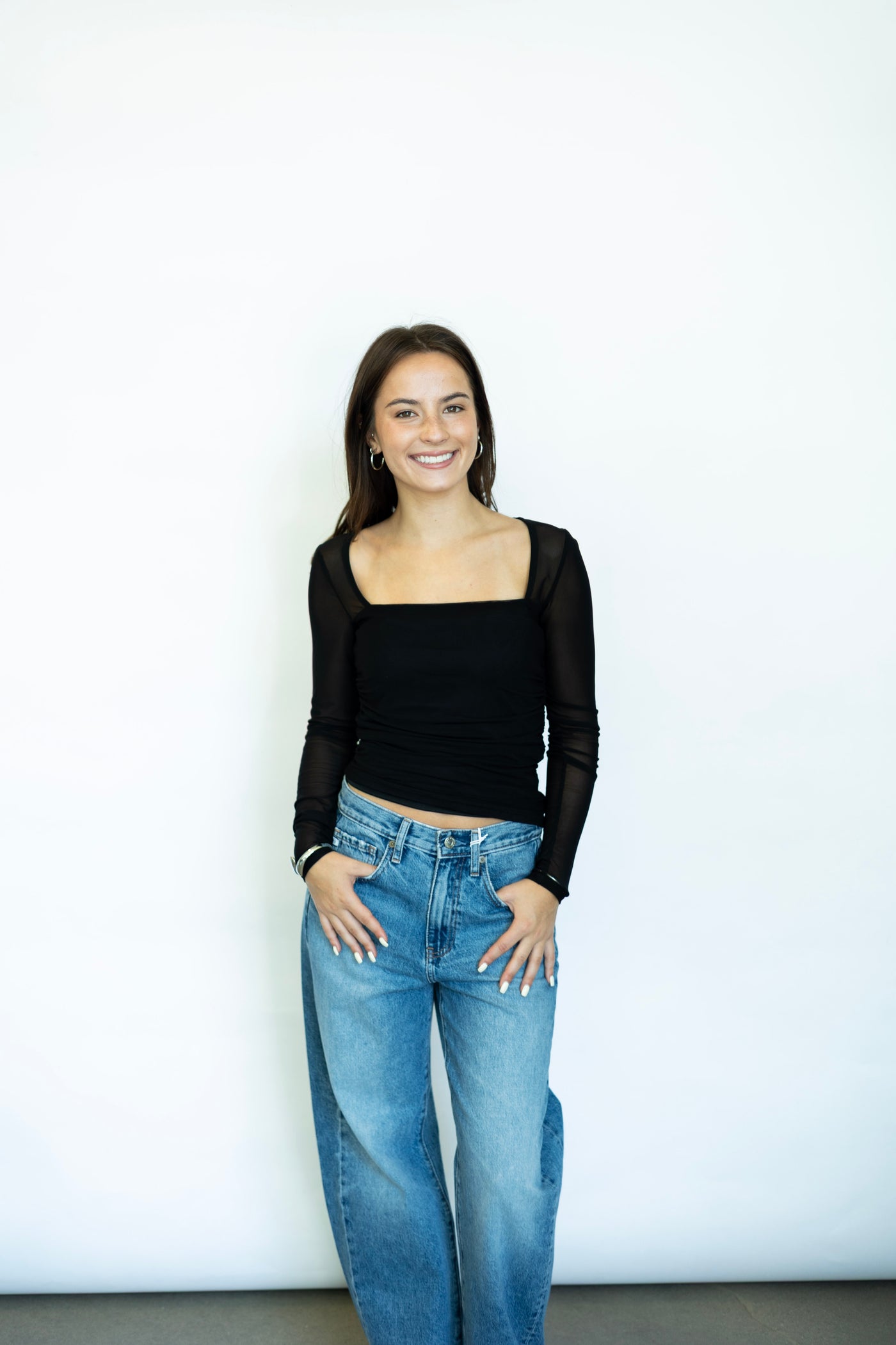 Square neck mesh long sleeve