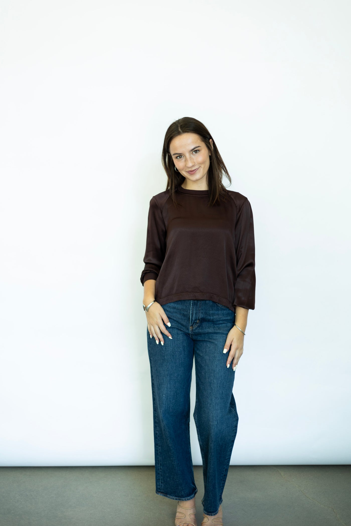 Brown satin long sleeve top