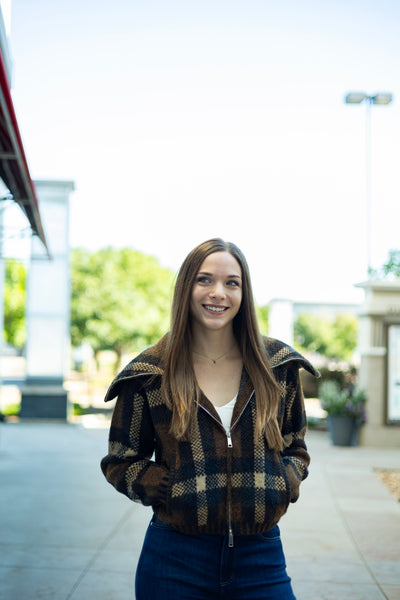 Cropped, plaid zip up jacket