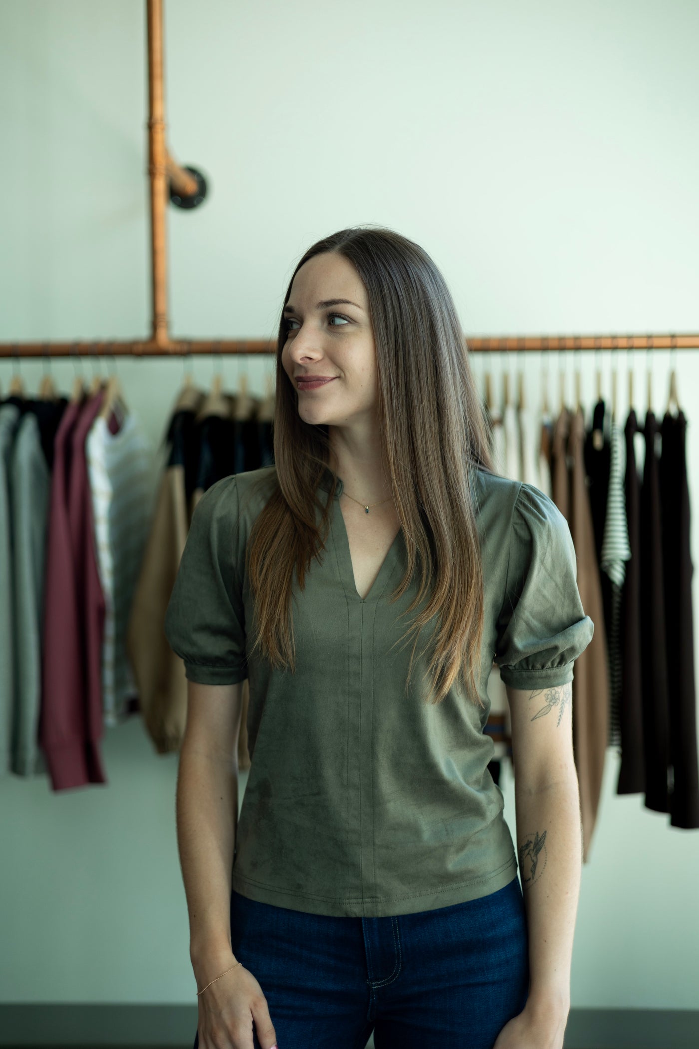 Olive green, suede, short sleeve blouse