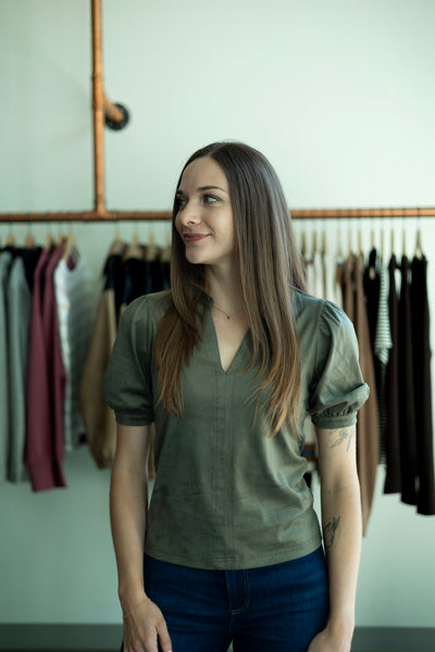 Olive green, suede, short sleeve blouse