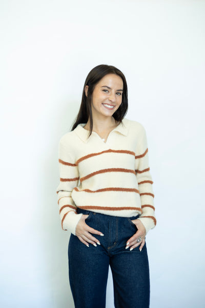 Tova Eyelash Yarn Collared Striped Sweater