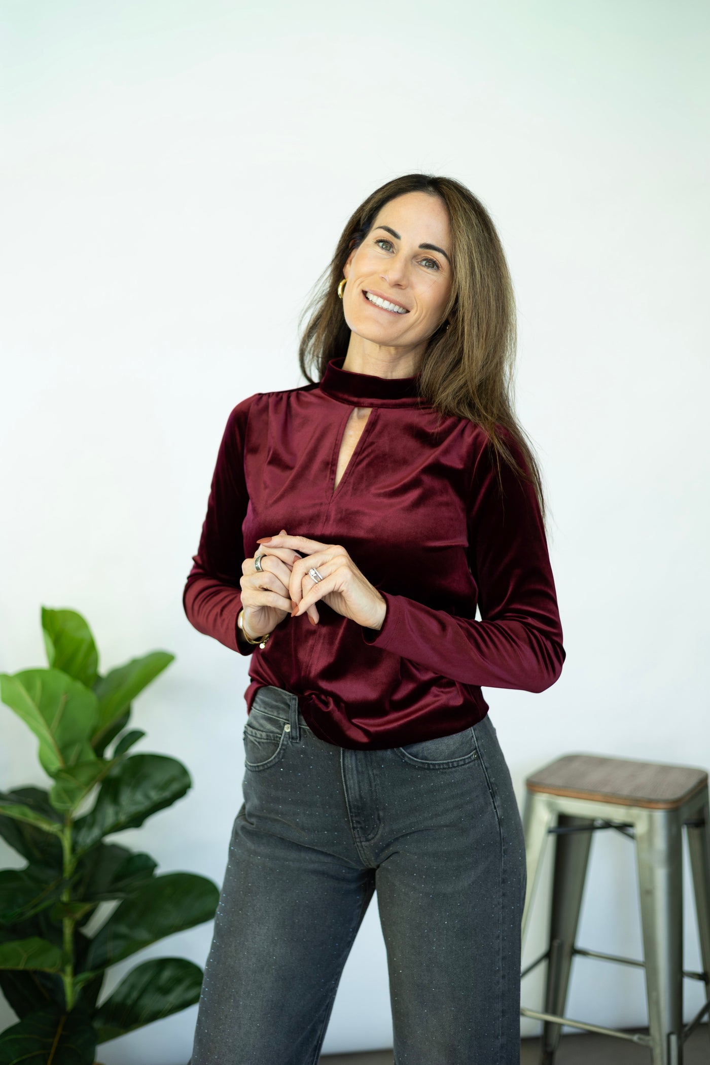 Mock Neck Front Keyhole Split Velvet Top