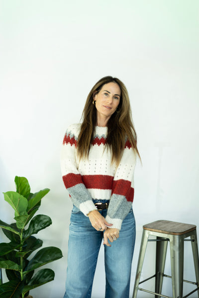 White, red, and gray sweater