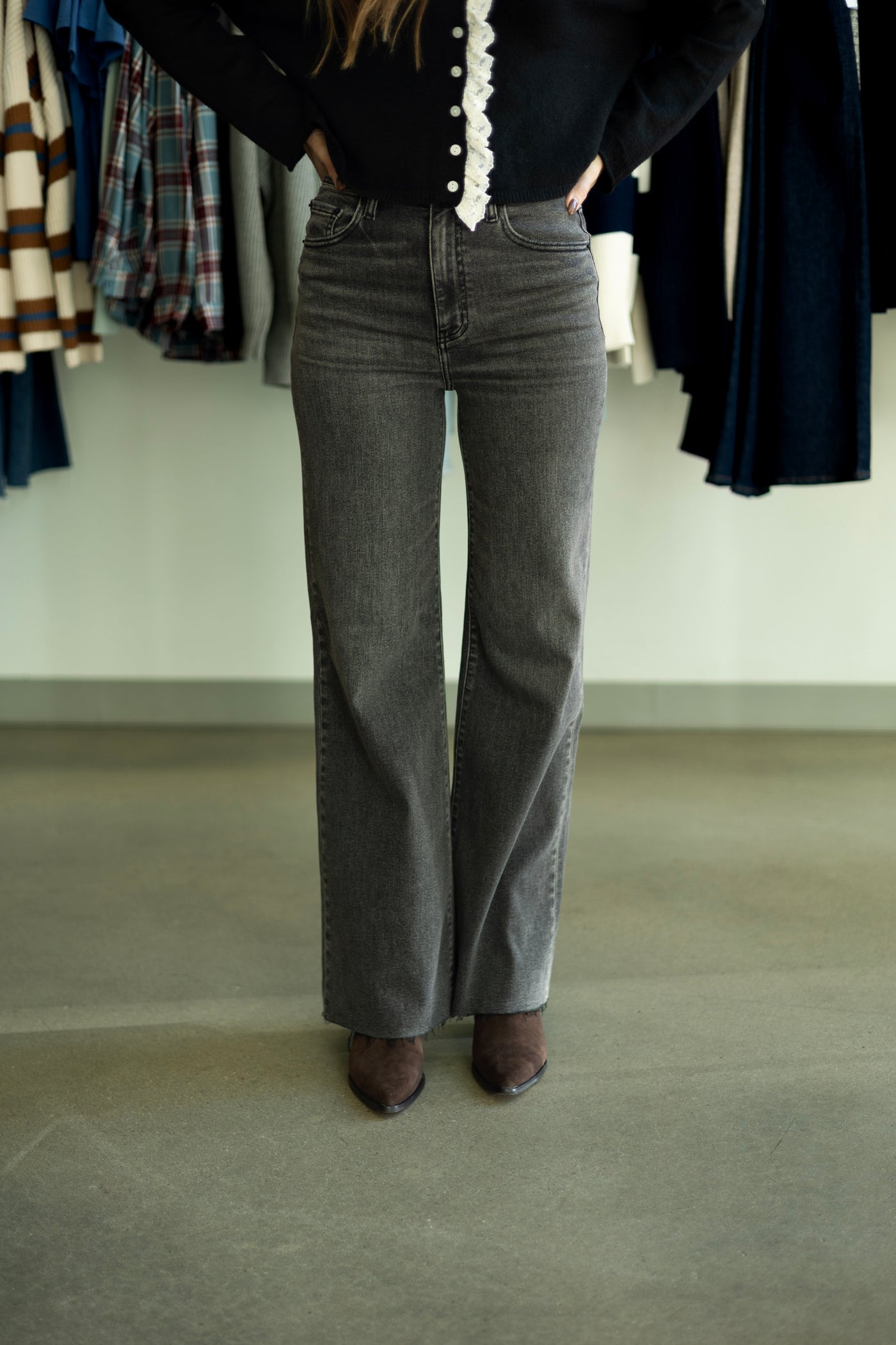 Long, wide leg, black jeans for women