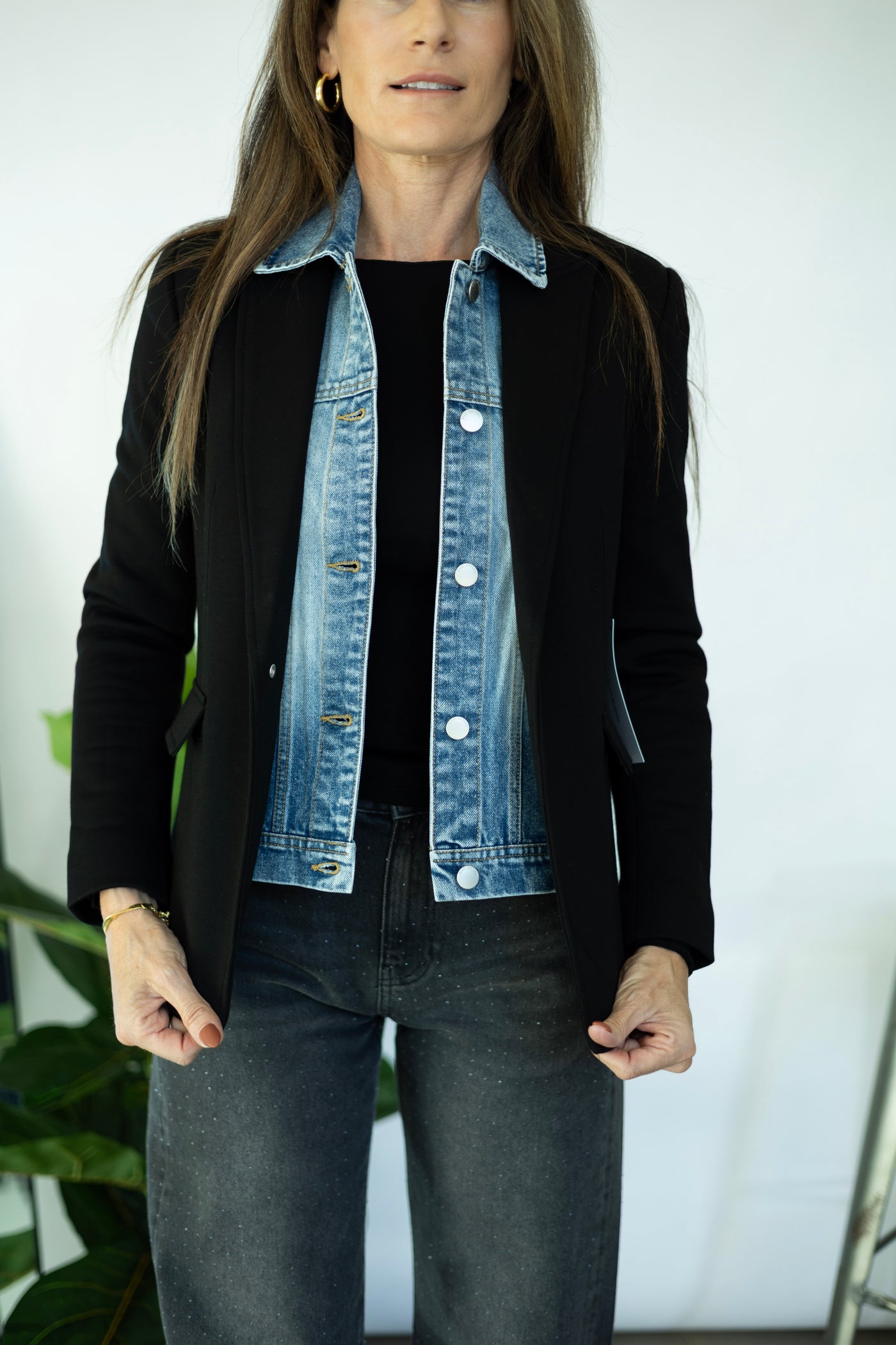 Black blazer with denim insert