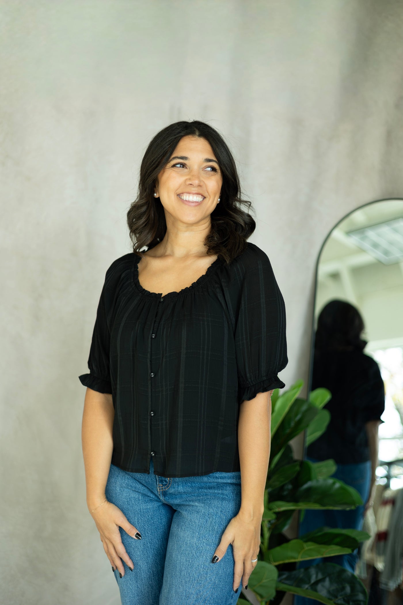 Elbow Length Sleeve Button Down Top