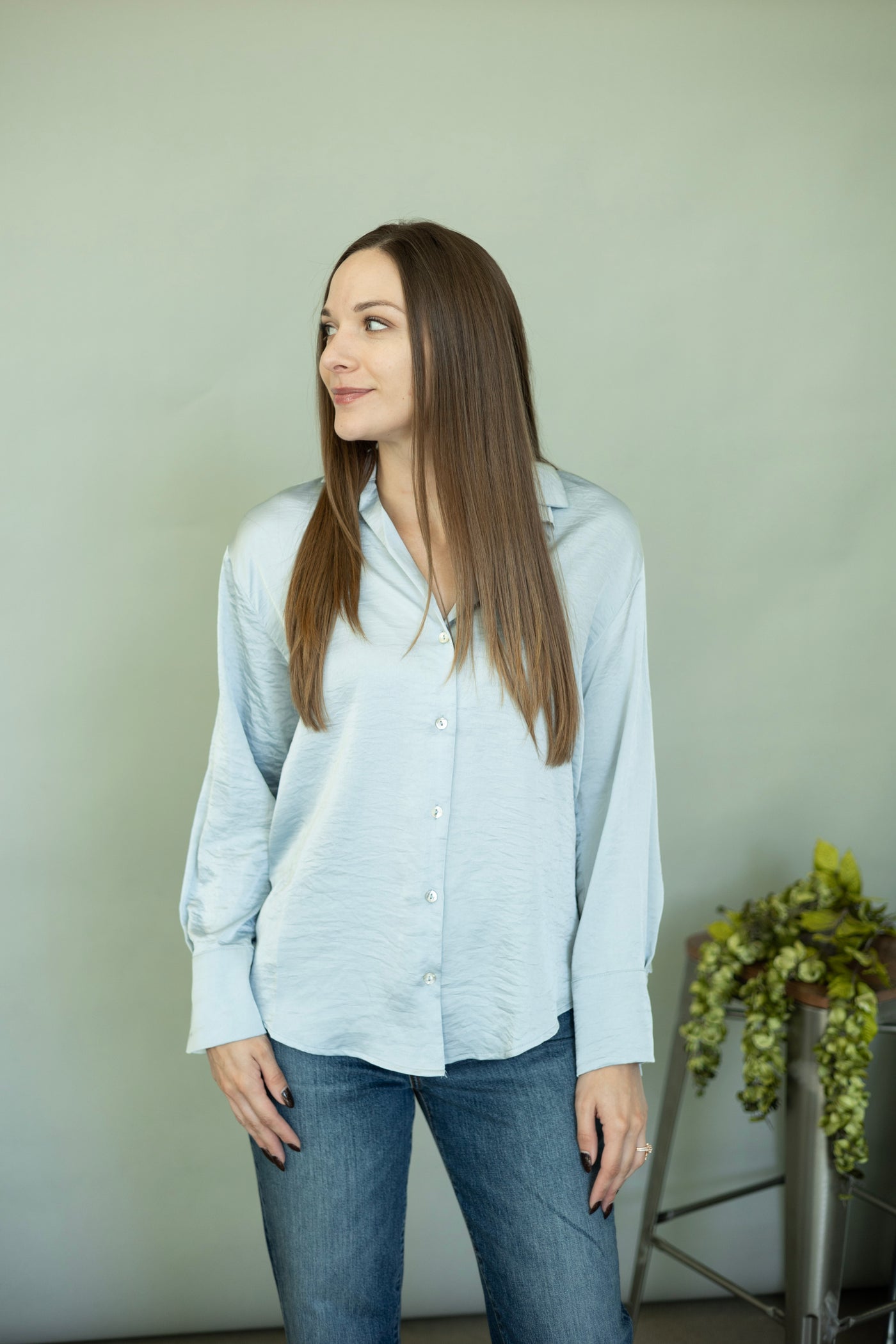 Light blue, satin button up