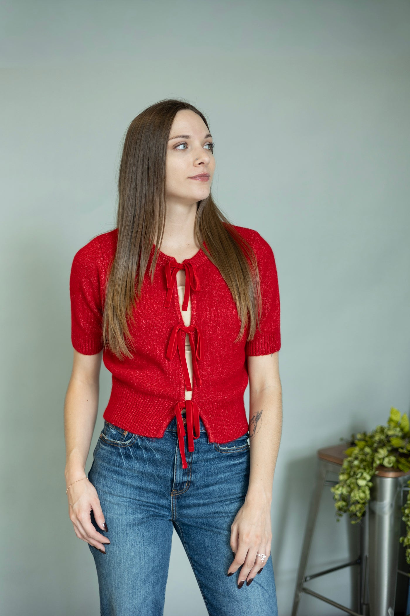 Red short sleeve sweater with bows