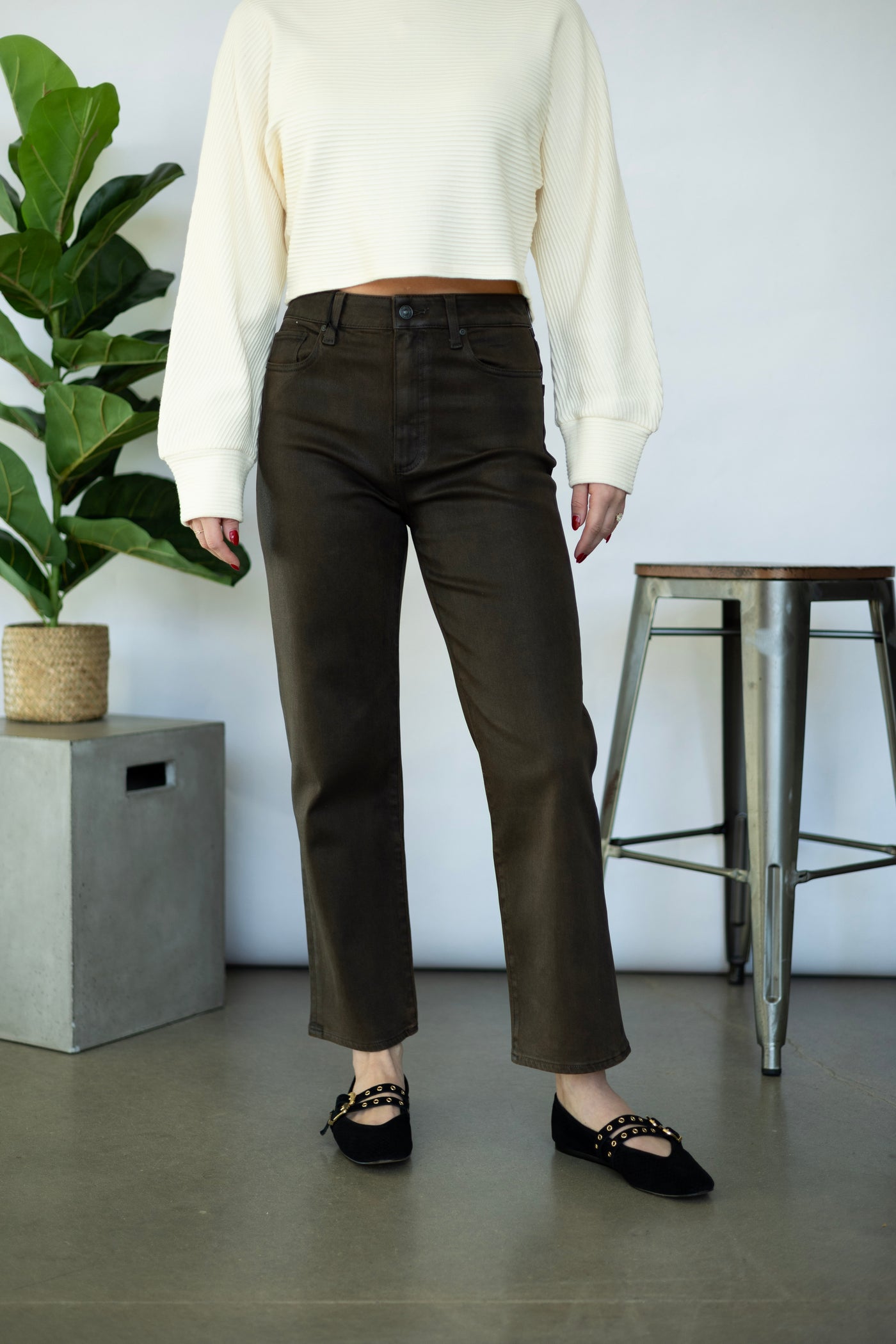 Brown, coated denim for women