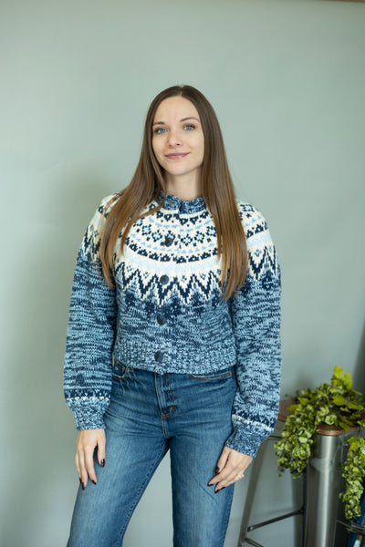 Balloon sleeves, blue cardigan