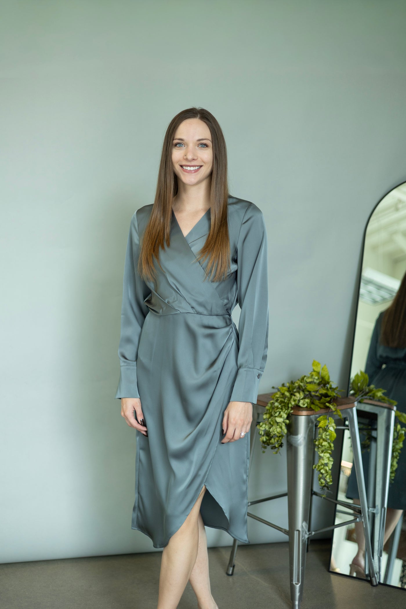 Gray, satin, midi dress
