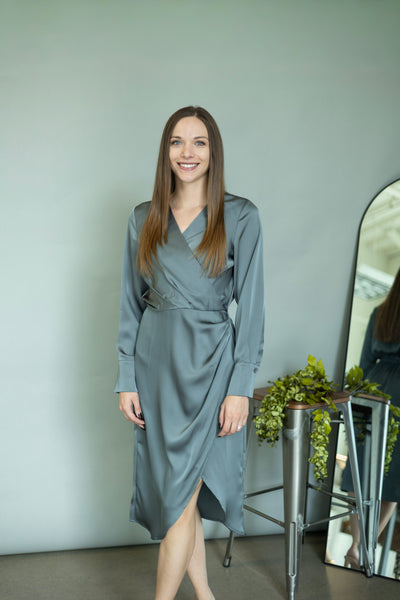 Gray, satin, midi dress