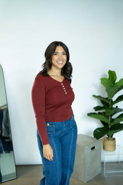 V Neck Button Closure Knit Top