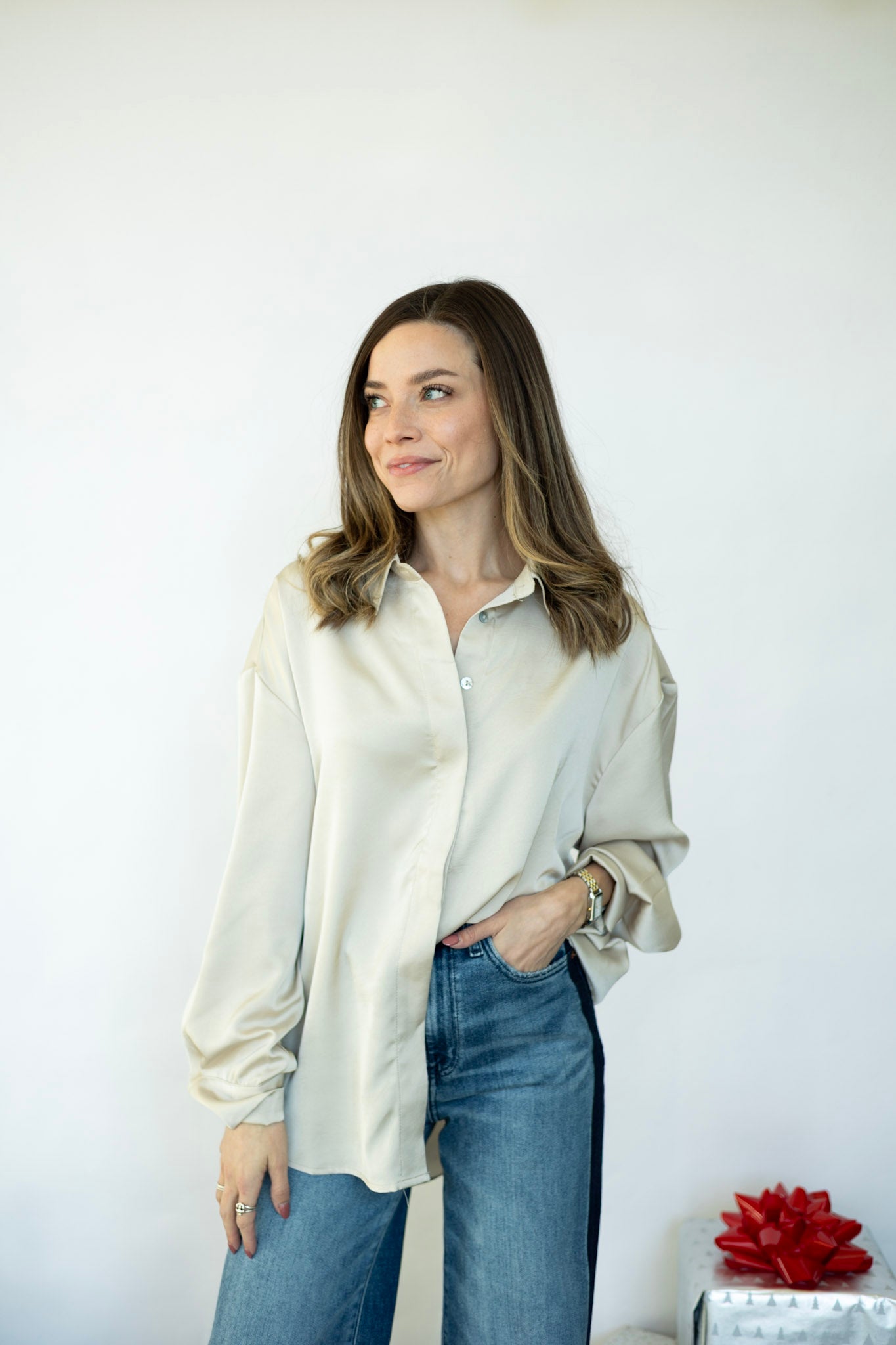 Cream satin blouse for women