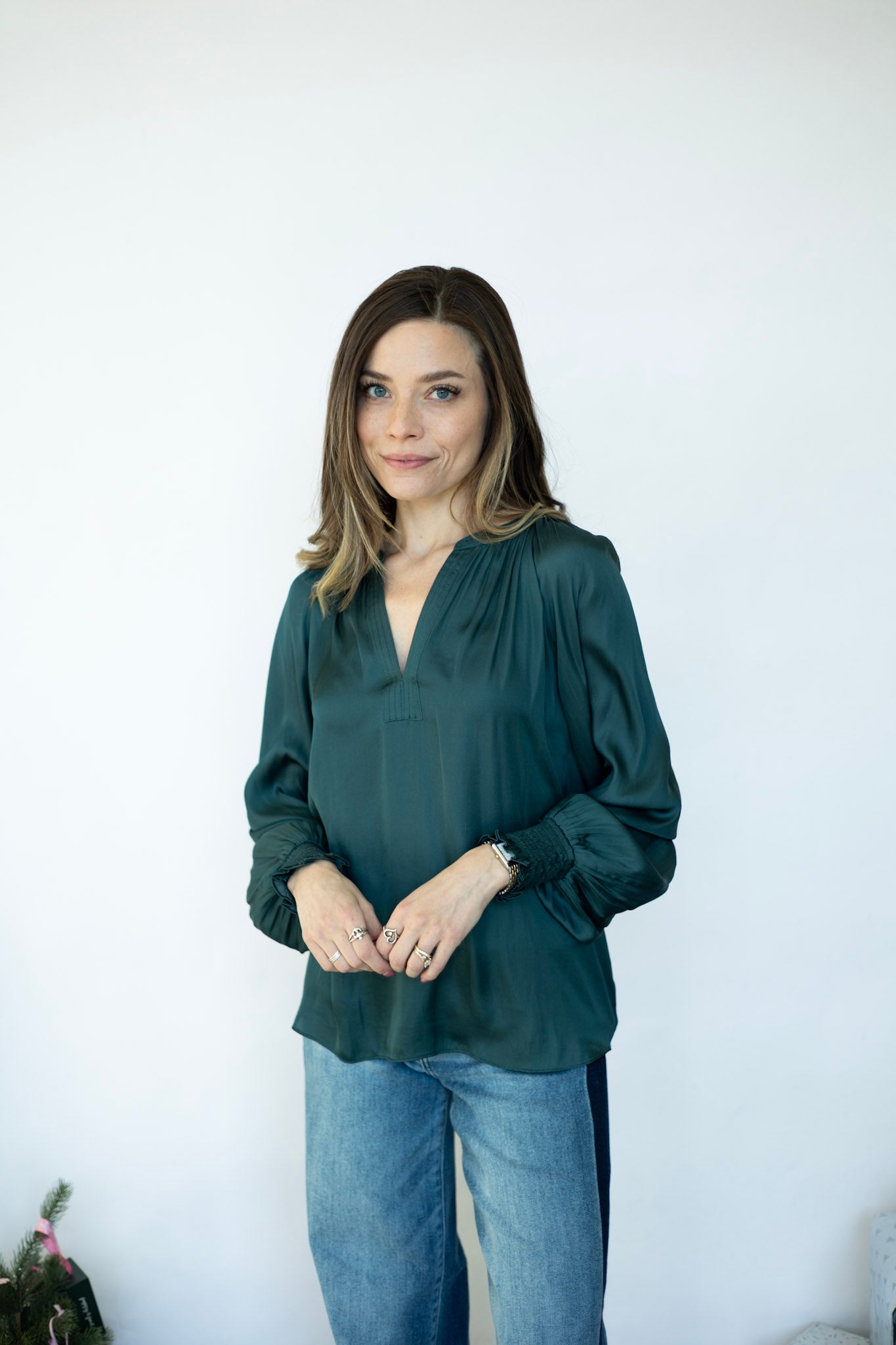 Green, long sleeve, satin blouse