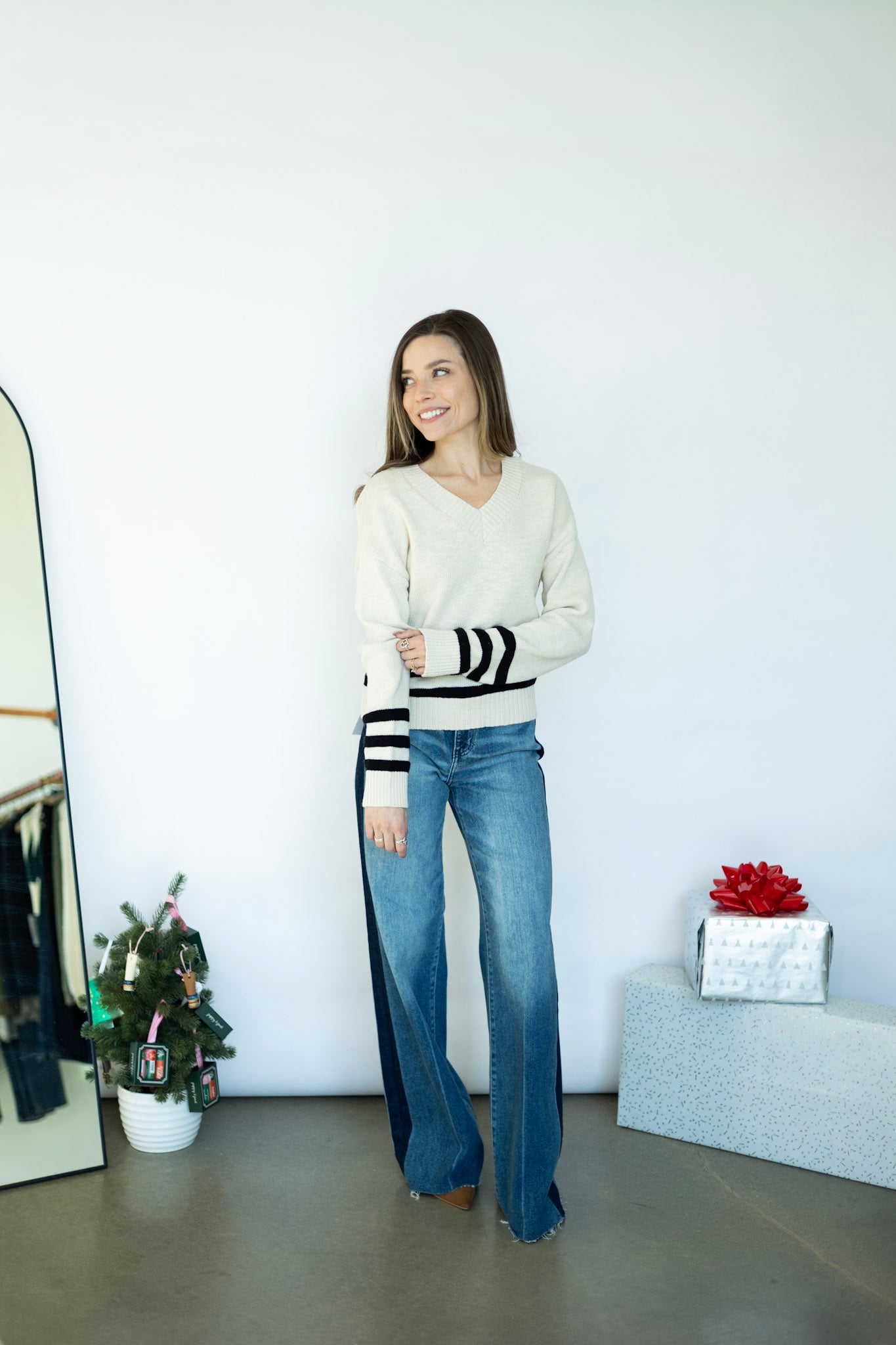 V-neck sweater with stripes