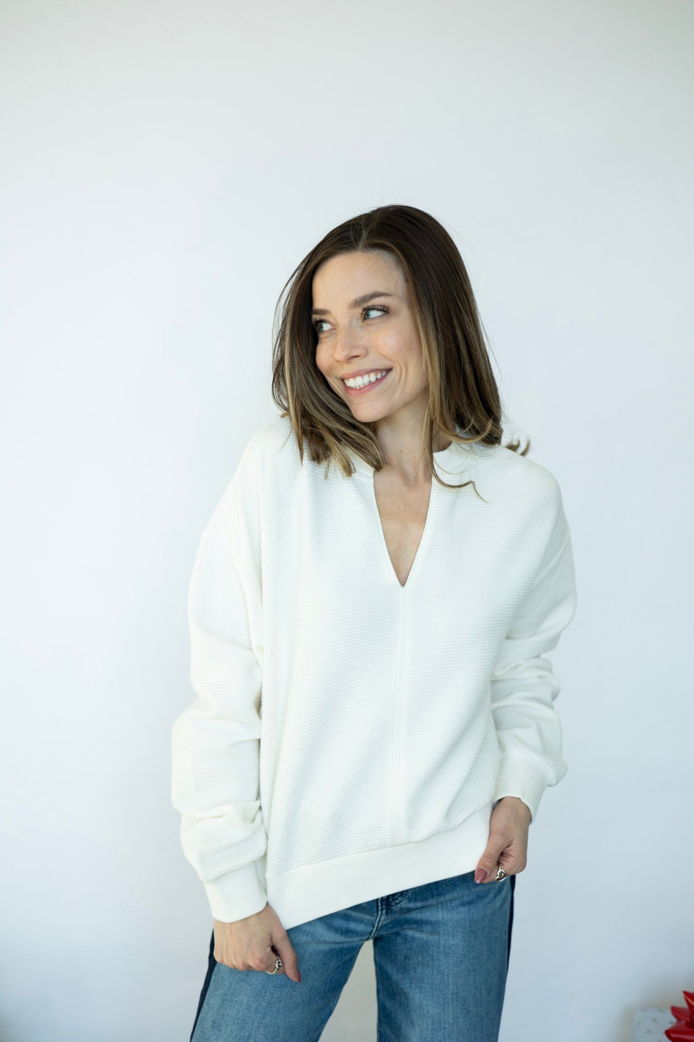 Split neck, ribbed pullover