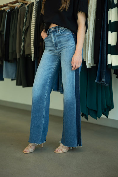 Wide leg denim with side stripe