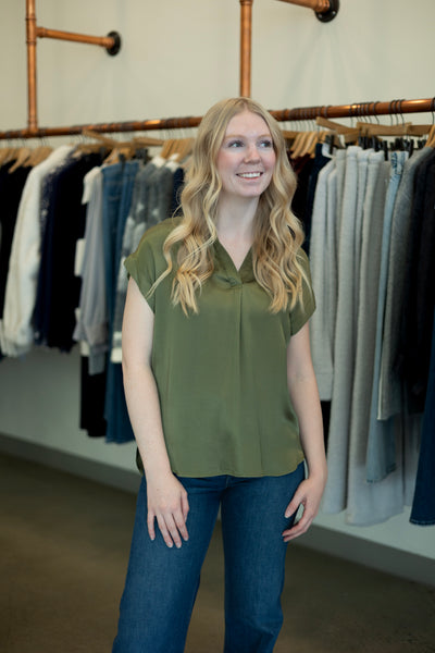 Green, satin, short sleeve blouse