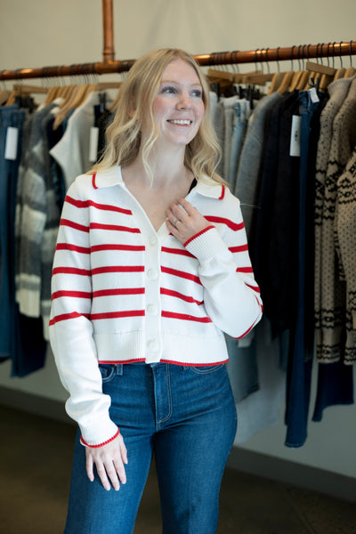 White & red striped cardigan