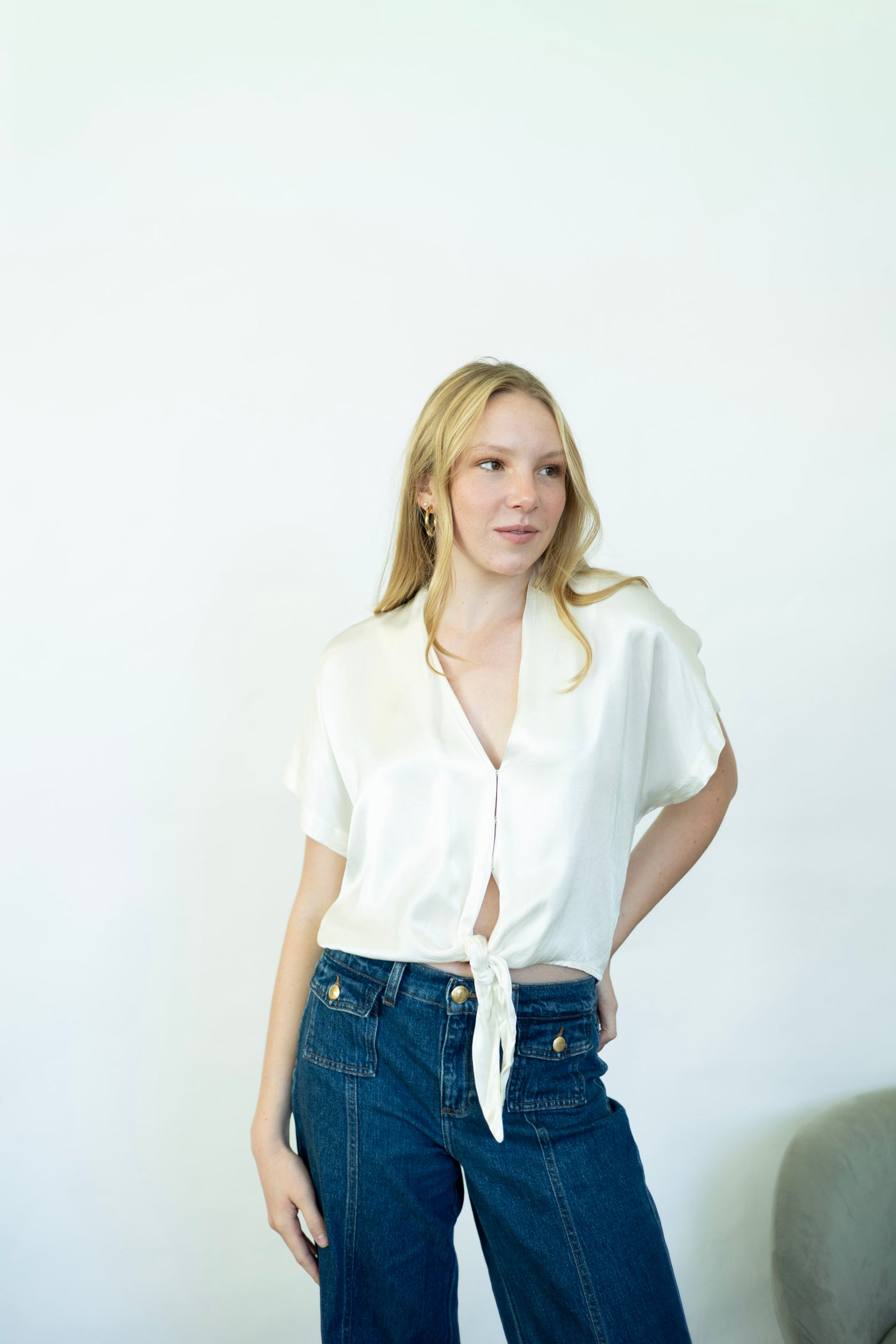 White, satin tie top