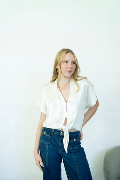White, satin tie top