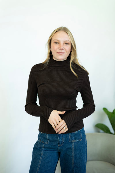 Brown, ribbed, mock neck long sleeve 