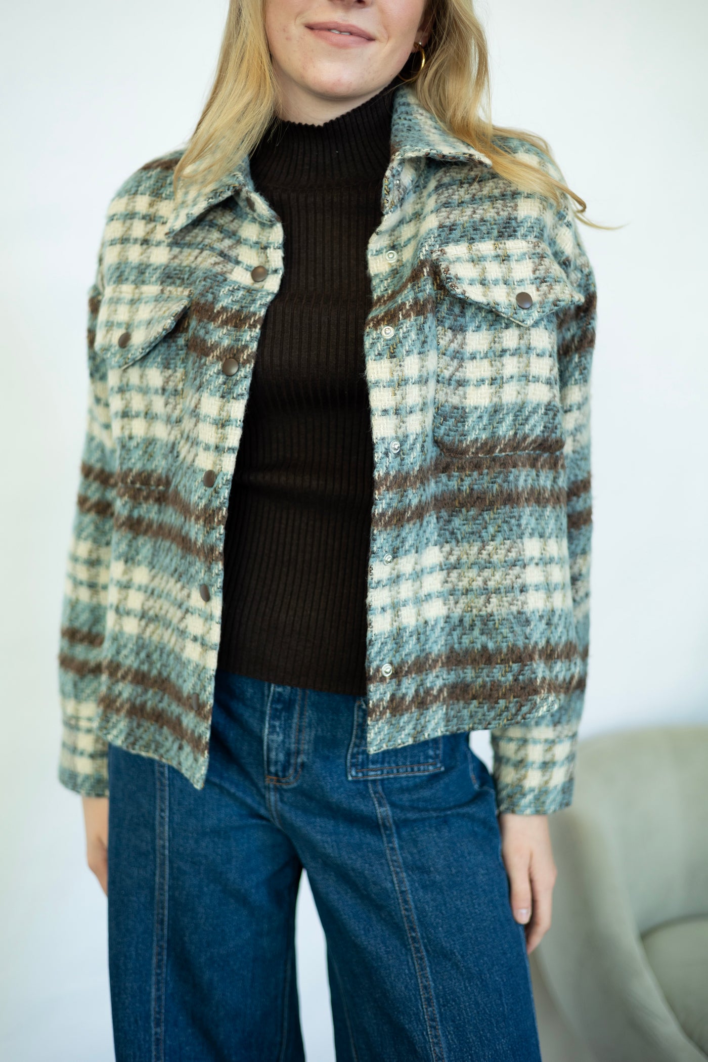 Brown, blue, and cream plaid shacket