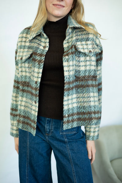 Brown, blue, and cream plaid shacket
