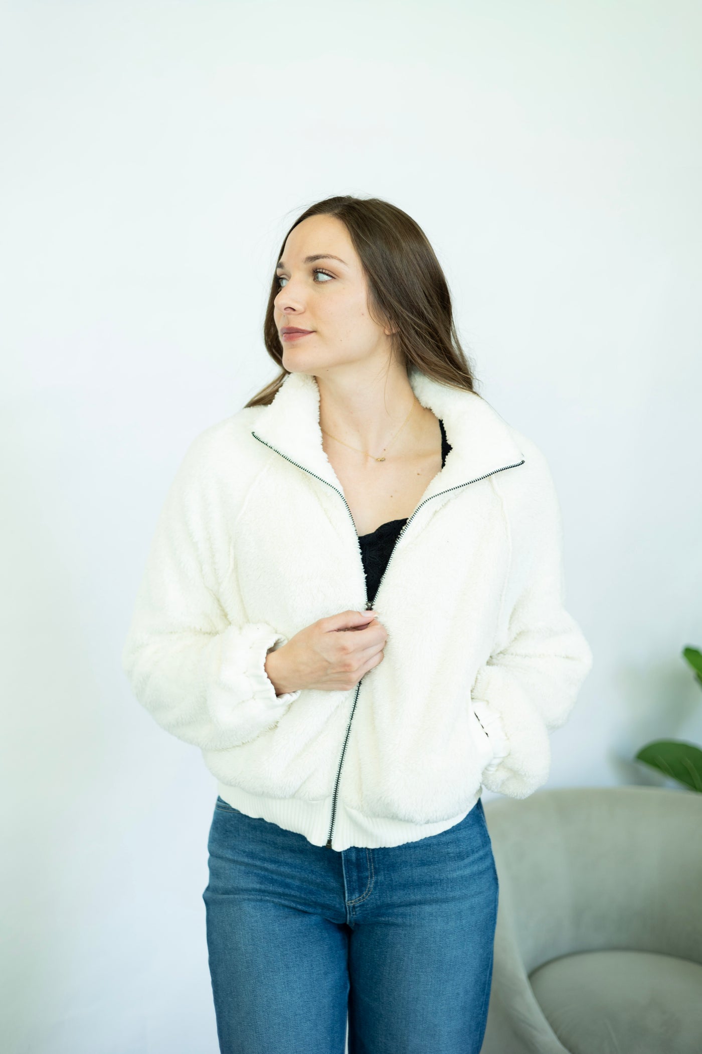 Fuzzy white jacket for women