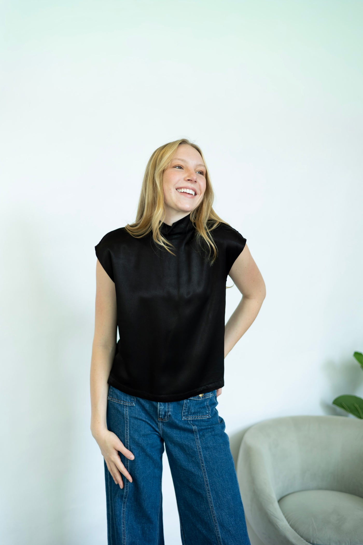 Satin, mock neck, short sleeve top