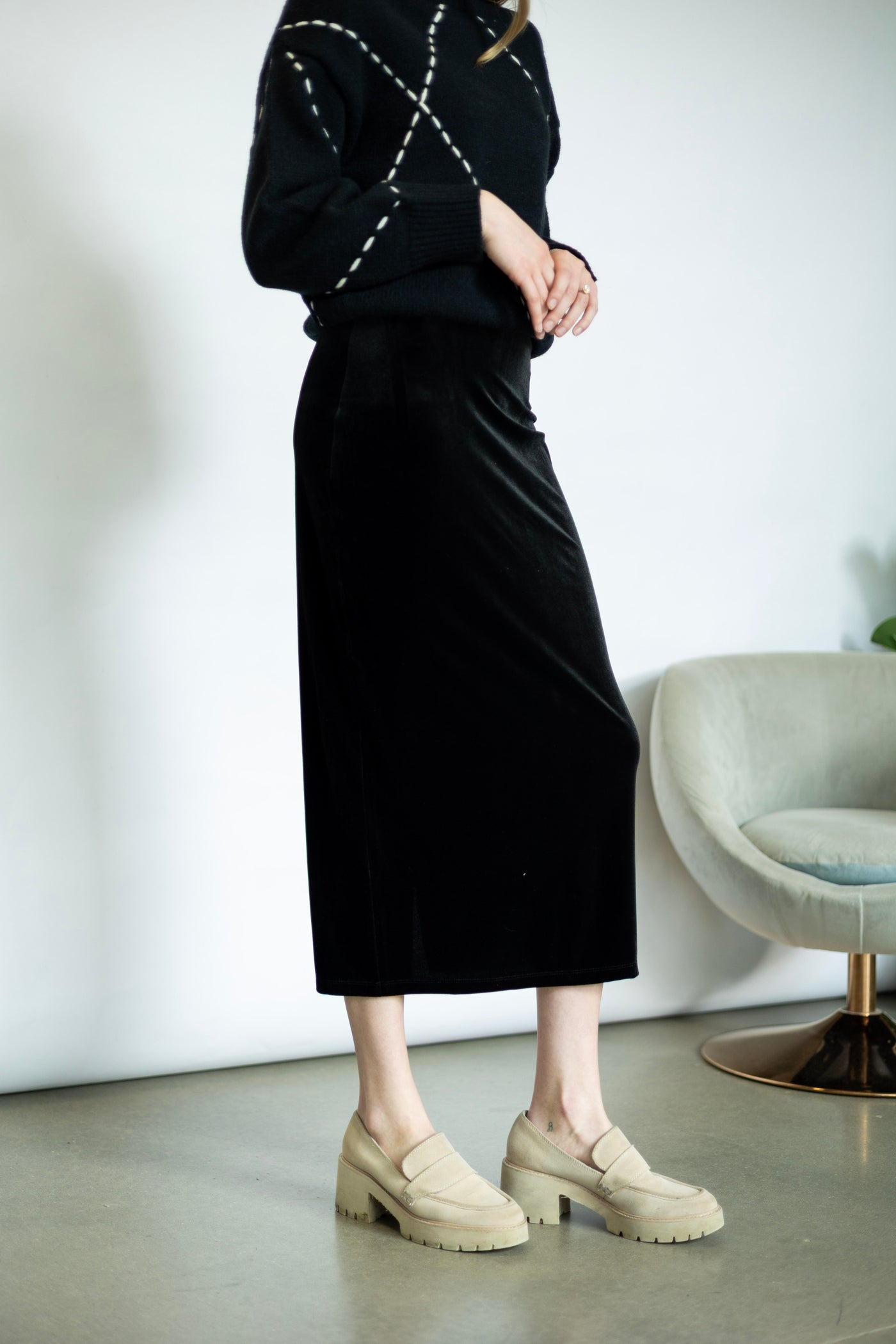 Black, Velvet midi skirt